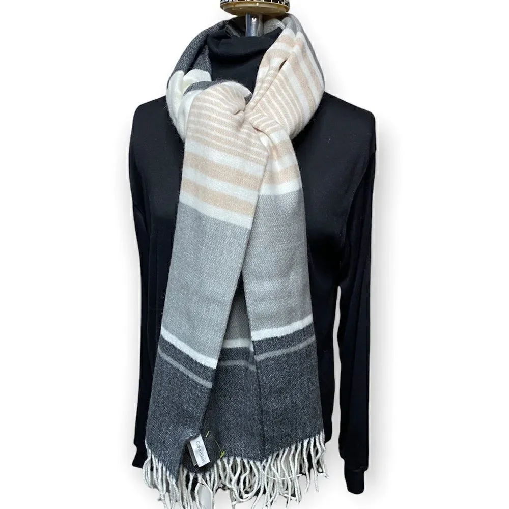 Calvin Klein Scarf wrap grey ivory beige striped 76 x 24 + fringe soft NWT